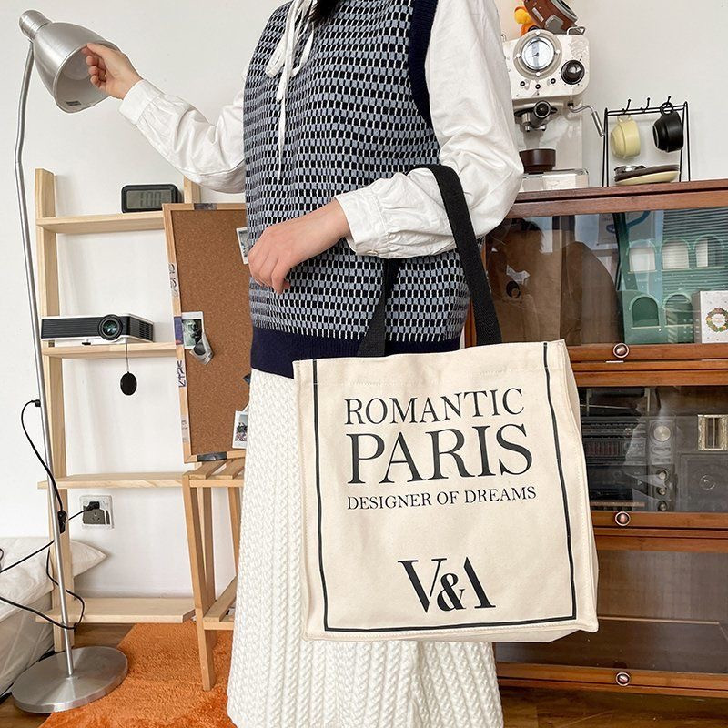 Geantă de umăr din pânză pentru femei, cu imprimeu Paris romantic, geantă de mână ocazională, geantă de tote, din bumbac, reutilizabilă pentru cumpărături.