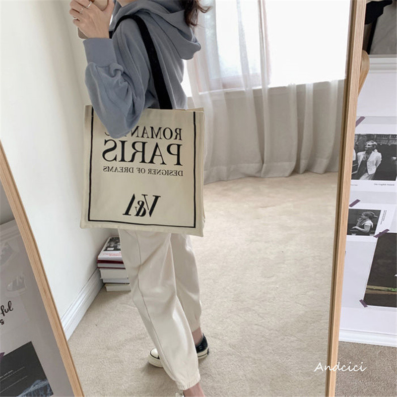 Geantă de umăr din pânză pentru femei, cu imprimeu Paris romantic, geantă de mână ocazională, geantă de tote, din bumbac, reutilizabilă pentru cumpărături.