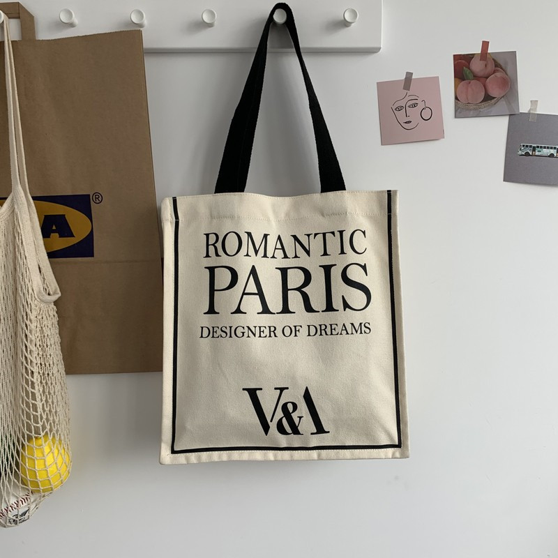 Geantă de umăr din pânză pentru femei, cu imprimeu Paris romantic, geantă de mână ocazională, geantă de tote, din bumbac, reutilizabilă pentru cumpărături.
