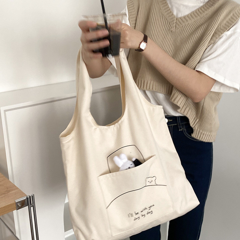 Hylhexyr γυναικεία τσάντα ώμου βαμβακερή πάνινη τσάντα Sleepy Rabbit μενταγιόν μεγάλης χωρητικότητας Shopping Tote Lazy Style Vest Τσάντες