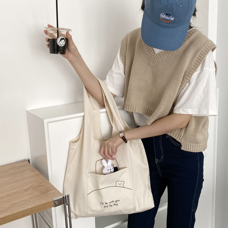 Hylhexyr γυναικεία τσάντα ώμου βαμβακερή πάνινη τσάντα Sleepy Rabbit μενταγιόν μεγάλης χωρητικότητας Shopping Tote Lazy Style Vest Τσάντες