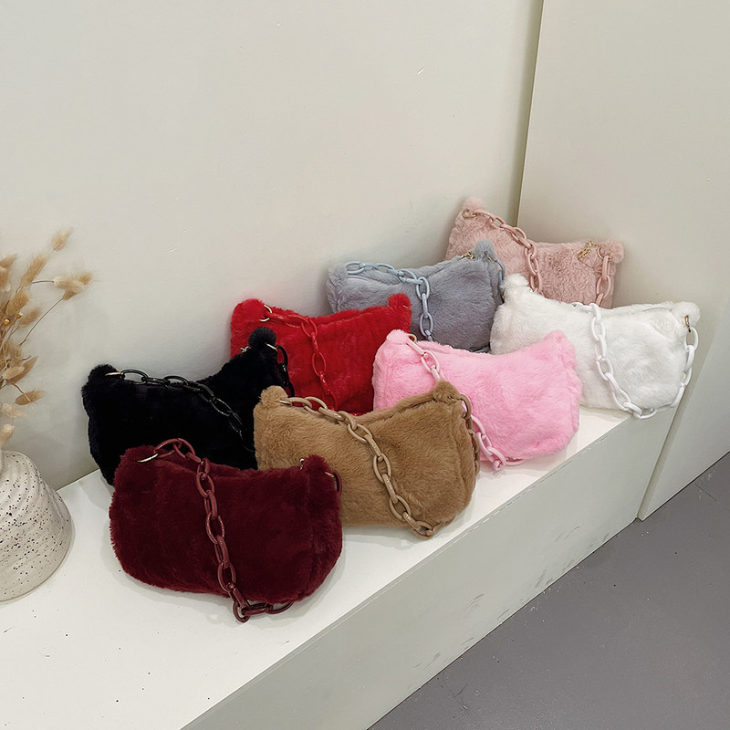 Καθημερινές ακρυλικές αλυσίδες αγορών Τσάντες ώμου Μικρές γυναικείες βελούδινες τσάντες μασχάλης με φερμουάρ Μονό λουρί Υποαξονικές τσάντες