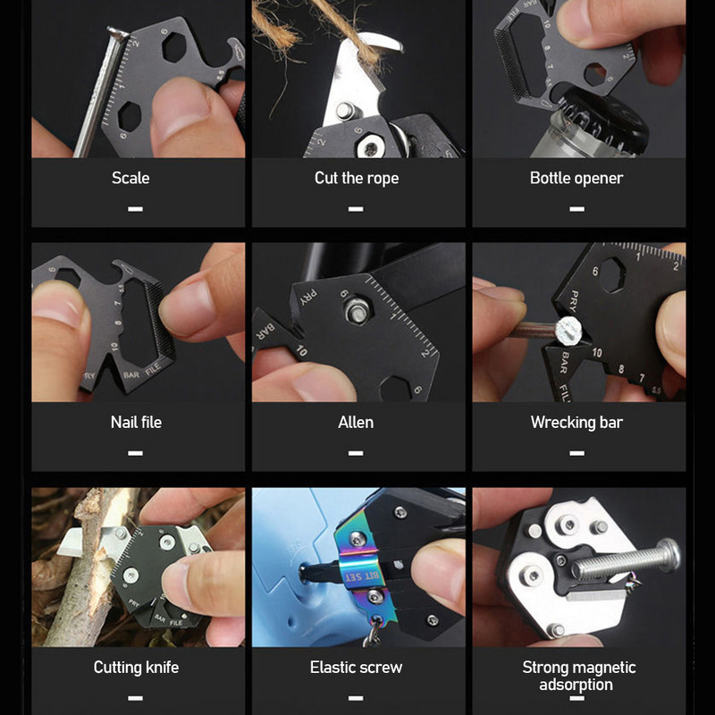 Multifunktsionaalne võtmehoidja kuusnurkne mündinuga kokkupandav mini tasku kruvikeeraja lõikur avaja skaala joonlaud küünelõikuri välistööriist