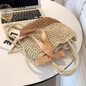 Μόδα γυναικεία τσάντα χιαστί κορίτσι υψηλής ποιότητας Μεγάλη τσάντα ψάθινη τσάντα χειρός με παπιγιόν για καλοκαιρινές διακοπές στην παραλία