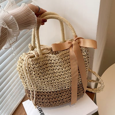 Μόδα γυναικεία τσάντα χιαστί κορίτσι υψηλής ποιότητας Μεγάλη τσάντα ψάθινη τσάντα χειρός με παπιγιόν για καλοκαιρινές διακοπές στην παραλία