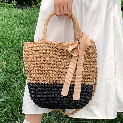 Μόδα γυναικεία τσάντα χιαστί κορίτσι υψηλής ποιότητας Μεγάλη τσάντα ψάθινη τσάντα χειρός με παπιγιόν για καλοκαιρινές διακοπές στην παραλία