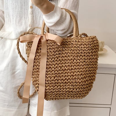 Μόδα γυναικεία τσάντα χιαστί κορίτσι υψηλής ποιότητας Μεγάλη τσάντα ψάθινη τσάντα χειρός με παπιγιόν για καλοκαιρινές διακοπές στην παραλία