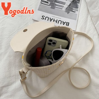 Yogodlns Daisy Staw Woven Crossbody чанта през рамо за жени Дамска лятна плажна чанта Модна пътна чанта за подмишници Shopper Totes