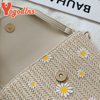 Yogodlns Daisy Staw Woven Crossbody чанта през рамо за жени Дамска лятна плажна чанта Модна пътна чанта за подмишници Shopper Totes