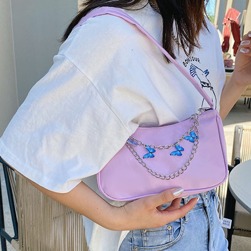 Modna ženska mala PU kožna torba na rame ispod pazuha Ženska vintage lančić s leptirima čiste boje, mini torbica s patentnim zatvaračem