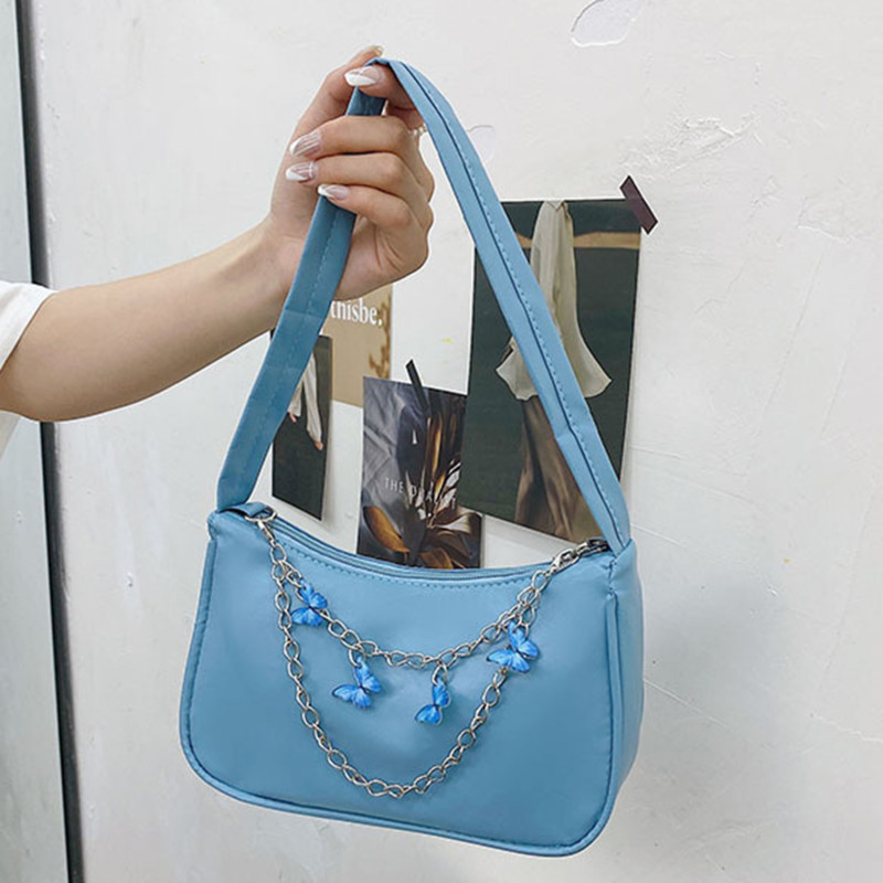 Modna ženska mala PU kožna torba na rame ispod pazuha Ženska vintage lančić s leptirima čiste boje, mini torbica s patentnim zatvaračem