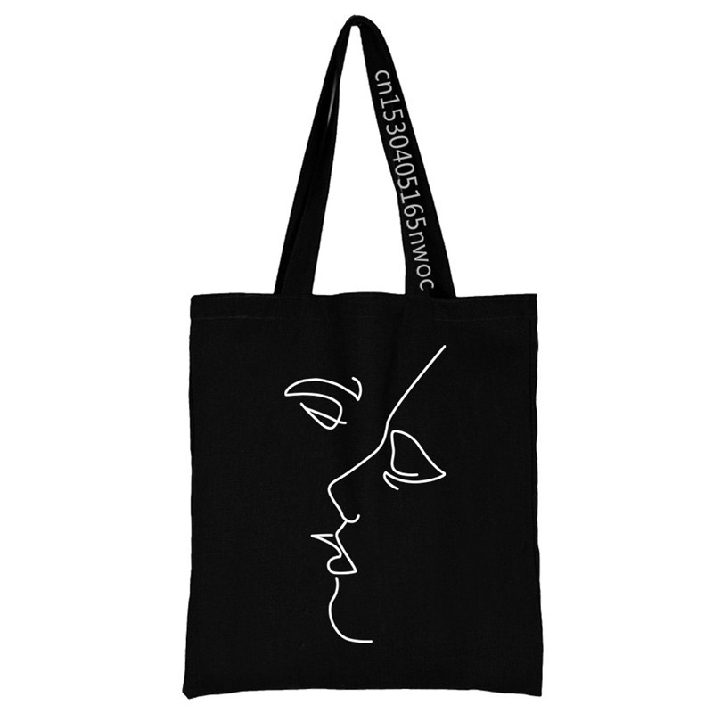 Bevásárlótáska, nő, fekete vászon hordtáska, kézi alkalmi, újrafelhasználható fehér mintás válltáska, nagy kapacitású összecsukható kézitáska