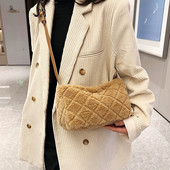 Φθινοπωρινές χειμερινές τσάντες ώμου για γυναίκες με μοτίβο ρόμβου, χνουδωτές τσάντες αγγελιαφόρου μόδας Casual μαλακές ρυθμιζόμενες τσάντες χιαστί