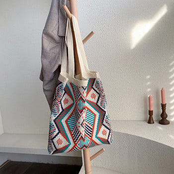 Lady Knitting Gypsy Bohemian Boho Chic Aztec Tote Bag Дамска плетена на една кука вълнена отворена пазарска чанта с горна дръжка Дамска ежедневна чанта