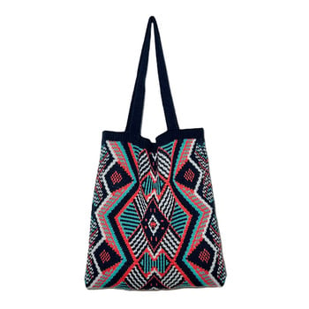 Lady Knitting Gypsy Bohemian Boho Chic Aztec Tote Bag Дамска плетена на една кука вълнена отворена пазарска чанта с горна дръжка Дамска ежедневна чанта