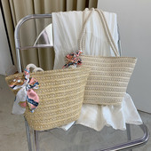 Moodne naiste õlgkootud pael, siidist sall, õlakott, vabaaja naiste suverand, suure mahutavusega ristkehaga käekotid