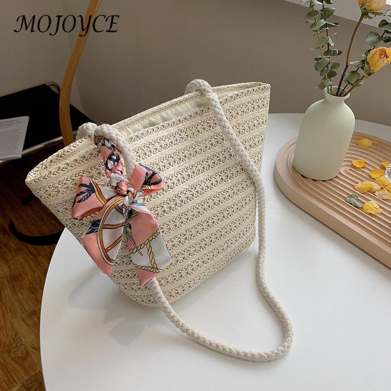 Moodne naiste õlgkootud pael, siidist sall, õlakott, vabaaja naiste suverand, suure mahutavusega ristkehaga käekotid