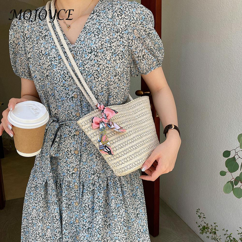 Moodne naiste õlgkootud pael, siidist sall, õlakott, vabaaja naiste suverand, suure mahutavusega ristkehaga käekotid