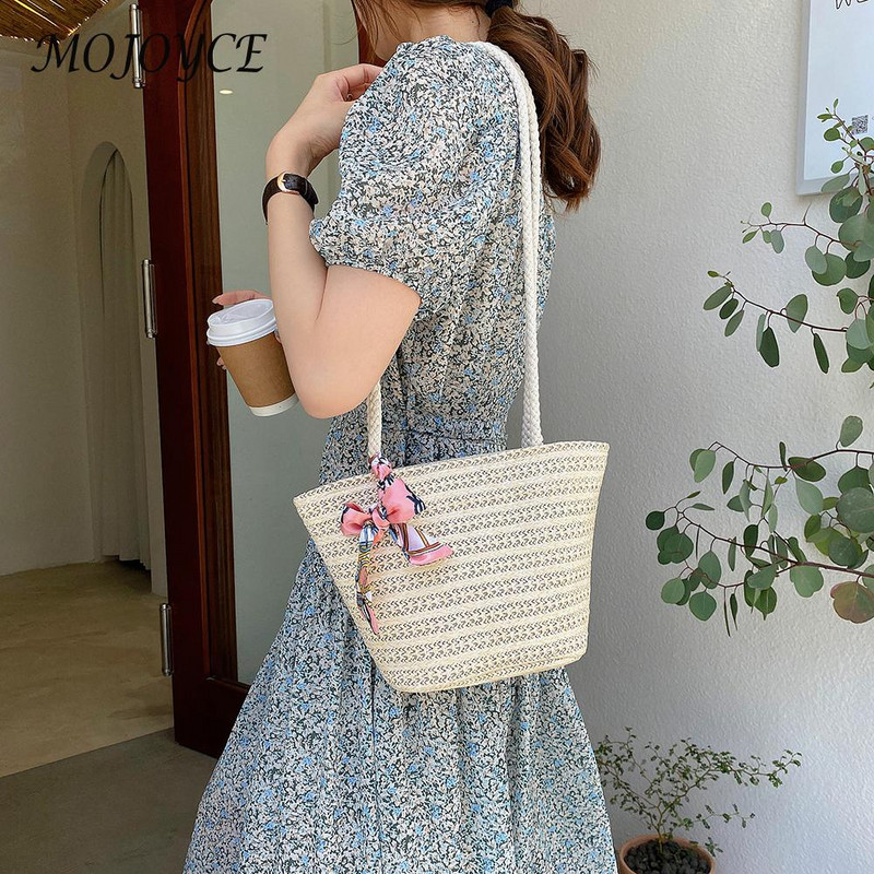 Moodne naiste õlgkootud pael, siidist sall, õlakott, vabaaja naiste suverand, suure mahutavusega ristkehaga käekotid