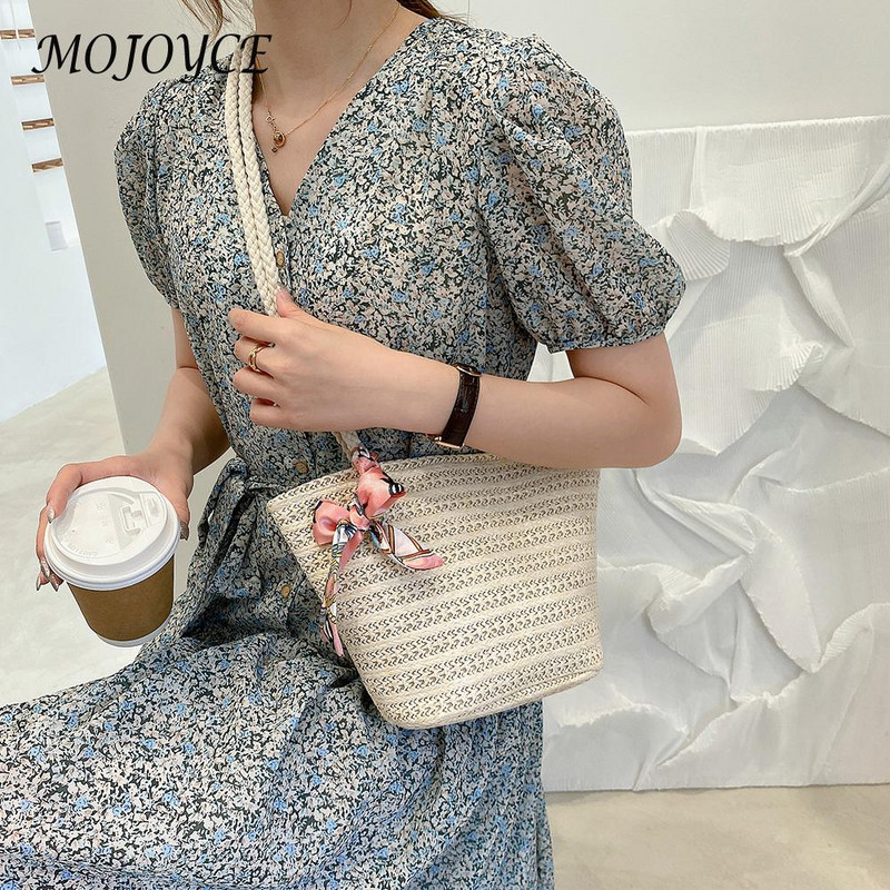 Moodne naiste õlgkootud pael, siidist sall, õlakott, vabaaja naiste suverand, suure mahutavusega ristkehaga käekotid