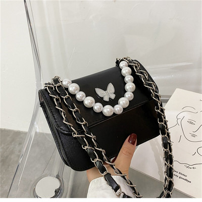 Klassikalised ühevärvilised PU õlakotid Naistele Pearl Butterfly käekotid Kandid naistele vabaaja reisimiseks Crossbody slingi kott