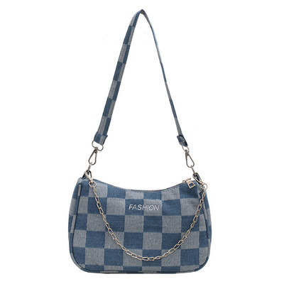 Μόδα γυναικεία τσάντα ώμου Τζιν με καρό μοτίβο εκτύπωση πολυτελούς σχεδίου Τσάντα αγορών Casual γυναικεία τσάντα Chain Small party Τσάντες