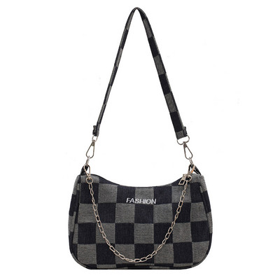 Μόδα γυναικεία τσάντα ώμου Τζιν με καρό μοτίβο εκτύπωση πολυτελούς σχεδίου Τσάντα αγορών Casual γυναικεία τσάντα Chain Small party Τσάντες