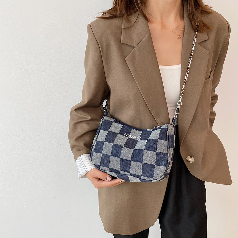 Μόδα γυναικεία τσάντα ώμου Τζιν με καρό μοτίβο εκτύπωση πολυτελούς σχεδίου Τσάντα αγορών Casual γυναικεία τσάντα Chain Small party Τσάντες