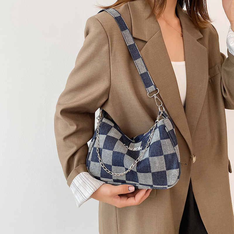 Μόδα γυναικεία τσάντα ώμου Τζιν με καρό μοτίβο εκτύπωση πολυτελούς σχεδίου Τσάντα αγορών Casual γυναικεία τσάντα Chain Small party Τσάντες