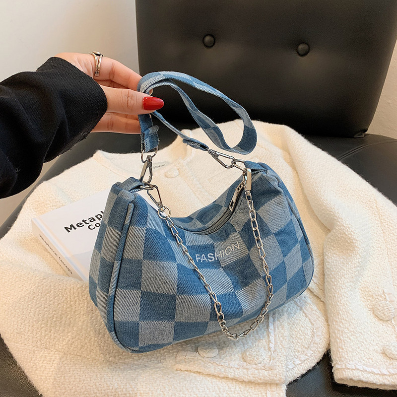Μόδα γυναικεία τσάντα ώμου Τζιν με καρό μοτίβο εκτύπωση πολυτελούς σχεδίου Τσάντα αγορών Casual γυναικεία τσάντα Chain Small party Τσάντες