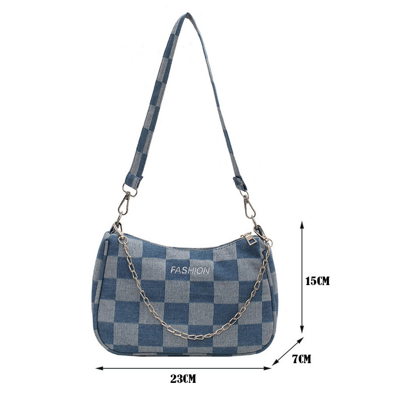 Μόδα γυναικεία τσάντα ώμου Τζιν με καρό μοτίβο εκτύπωση πολυτελούς σχεδίου Τσάντα αγορών Casual γυναικεία τσάντα Chain Small party Τσάντες
