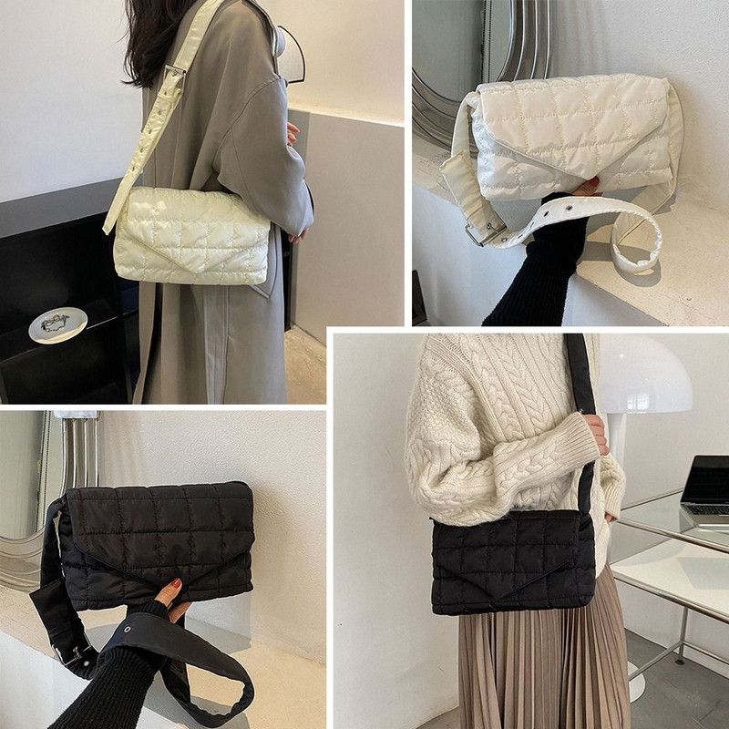 Talvised soojad ruudulised õlakotid Kerged udupuuvillast polsterdatud tepitud kandekotid Naiste käekotid, puhvis käekotid