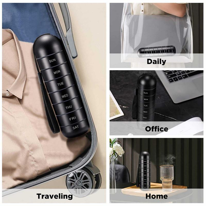 Metallist niiskuskindel nädalane pillide korraldaja veekindel alumiiniumist pillikarbi ümbris pudeli vahemälu hoidja konteiner võtmehoidja ravimikarp