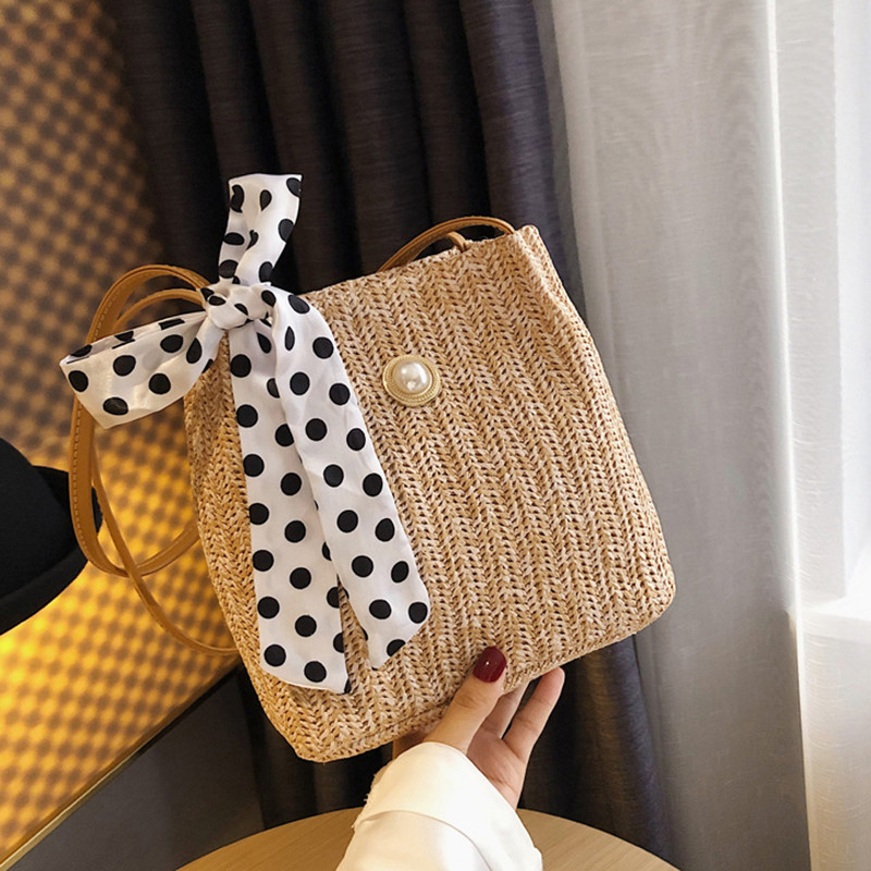 Συλλογή στυλ Κορεατικής τσάντας υφασμένης από χόρτο για γυναίκες Απλή δαντέλα τσάντα ώμου με κορδόνι