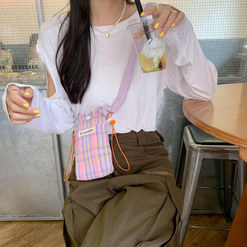 Korea väike ruudukujuline mobiiltelefonide kott naiste mini väike õlakott Armas ruuduline ristkere käekott daamile