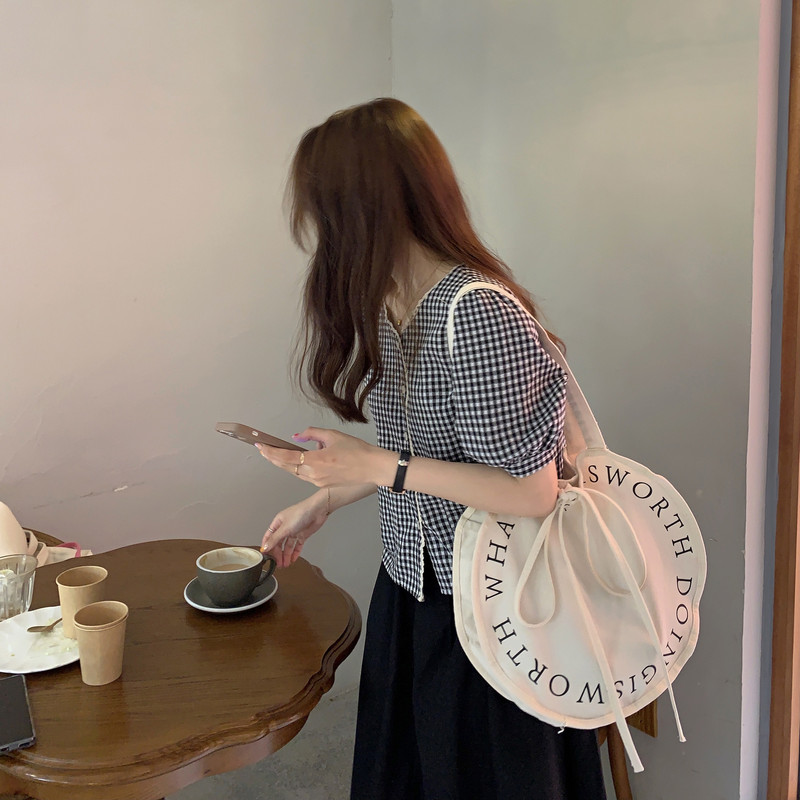 Hylhexyr naiste ümmargune õlakott Kirjaga lõuendikotid Lihtne, suure mahutavusega kaasaskantav vabaaja käekott.