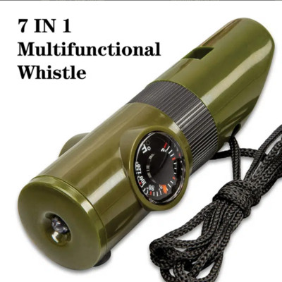 7-ühes roheline hädaolukorra ellujäämise vile kompass termomeeter Taskulamp luup Multifunktsionaalne tööriistad väljas matkamise tarvikud