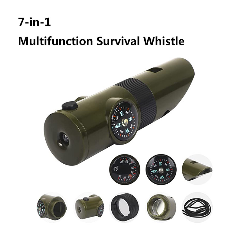 7-ühes roheline hädaolukorra ellujäämise vile kompass termomeeter Taskulamp luup Multifunktsionaalne tööriistad väljas matkamise tarvikud