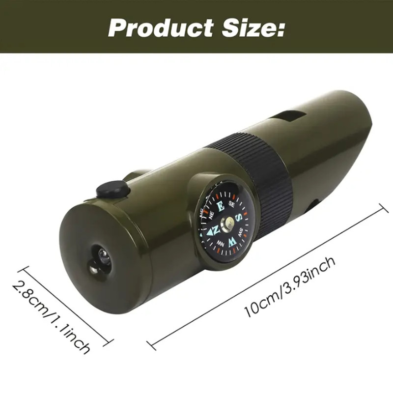 7-ühes roheline hädaolukorra ellujäämise vile kompass termomeeter Taskulamp luup Multifunktsionaalne tööriistad väljas matkamise tarvikud