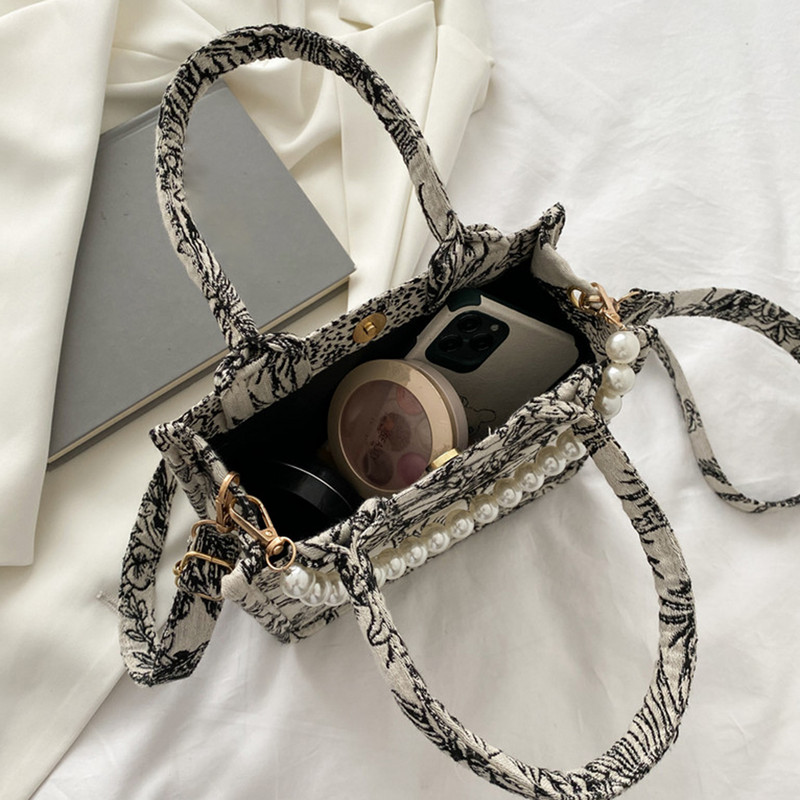 Keskkonnasõbralik riidest õlakott naistele 2021. aasta lõuendiprint Väike ruudukujuline käekott Naistele Paks pärlkettkott reisimiseks Crossbody