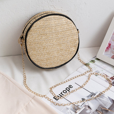 Genți de mână rotunde din paie noi pentru femei, de vară, din ratan, geantă pentru cumpărături de plajă, geantă de mână țesătă cu cerc Bohemia, geantă boho cu lanț cu fermoar.