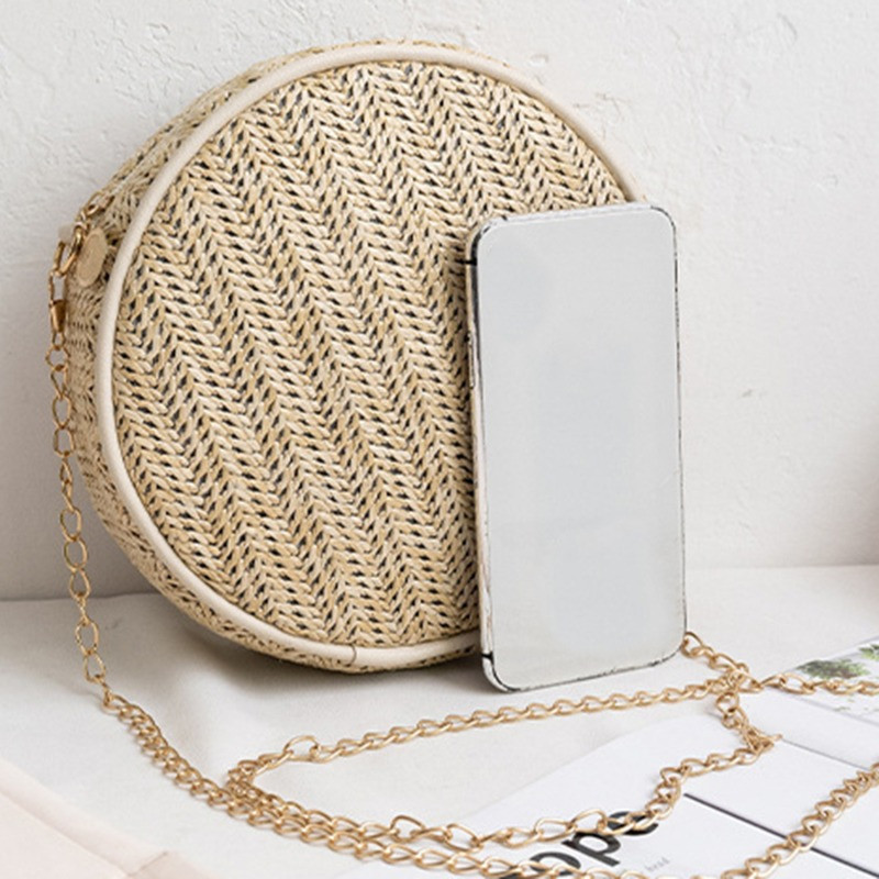 Genți de mână rotunde din paie noi pentru femei, de vară, din ratan, geantă pentru cumpărături de plajă, geantă de mână țesătă cu cerc Bohemia, geantă boho cu lanț cu fermoar.