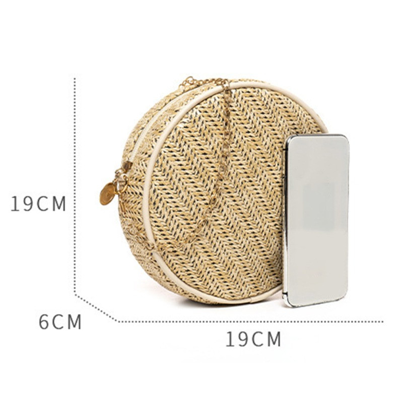Genți de mână rotunde din paie noi pentru femei, de vară, din ratan, geantă pentru cumpărături de plajă, geantă de mână țesătă cu cerc Bohemia, geantă boho cu lanț cu fermoar.