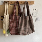 Вълнени карирани чанти за през рамо Дизайнерска дамска чанта Елегантна универсална чанта с голям капацитет Преносима японски стил под мишниците Ежедневна тийнейджърска чанта