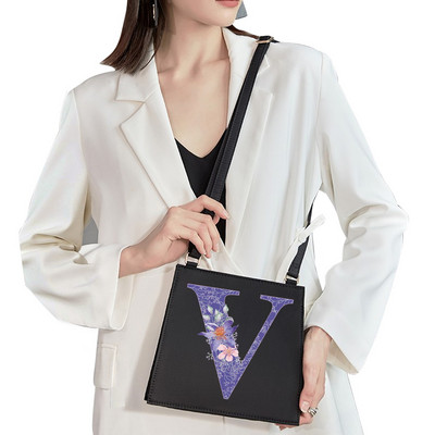 2022 Fashion Woman Brand Purple Flower Commuter Geantă de umăr Nume inițial Literă Model Imprimare Geantă Square Doamnelor Basic Tote Bag