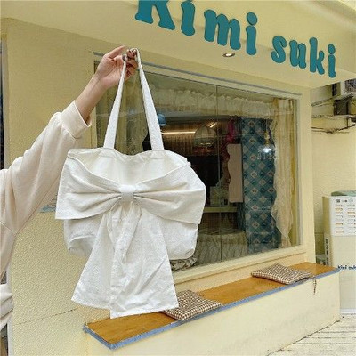 Genți de umăr femei bowknot dulci studenți încântați pânză Harajuku Bolsa pentru fete Capacitate fermoar Tote casual Genți de mână pentru cumpărături