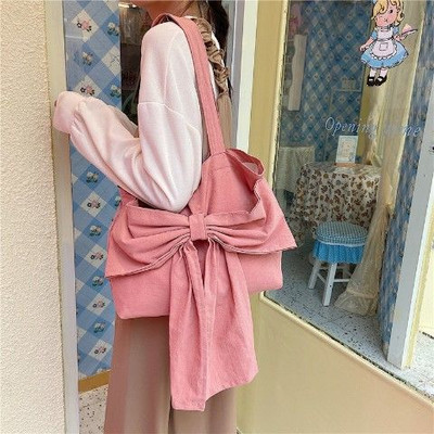Genți de umăr femei bowknot dulci studenți încântați pânză Harajuku Bolsa pentru fete Capacitate fermoar Tote casual Genți de mână pentru cumpărături