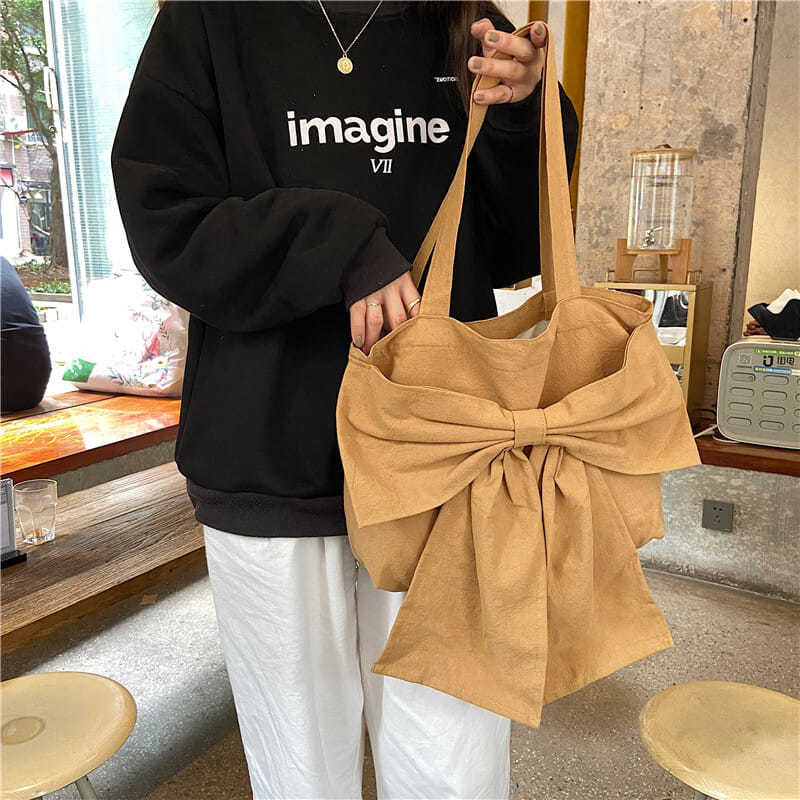 Genți de umăr femei bowknot dulci studenți încântați pânză Harajuku Bolsa pentru fete Capacitate fermoar Tote casual Genți de mână pentru cumpărături