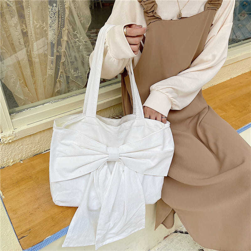 Genți de umăr femei bowknot dulci studenți încântați pânză Harajuku Bolsa pentru fete Capacitate fermoar Tote casual Genți de mână pentru cumpărături