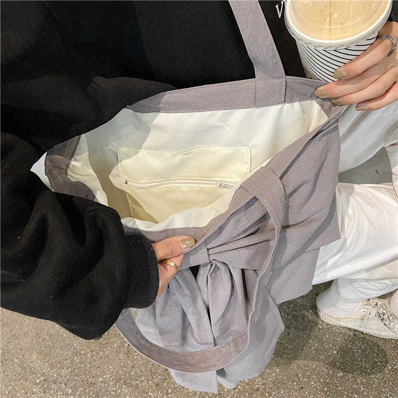 Genți de umăr femei bowknot dulci studenți încântați pânză Harajuku Bolsa pentru fete Capacitate fermoar Tote casual Genți de mână pentru cumpărături
